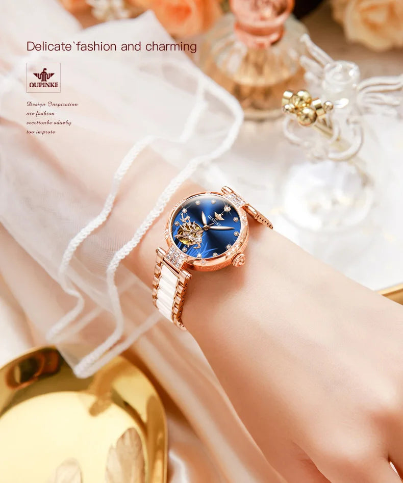 OUPINKE 3211 Women's Watch Elegant Rose Gold Diamond Ceramic Automatic Machinery Women's Watch Luxury Brand Women's Bracelet Set