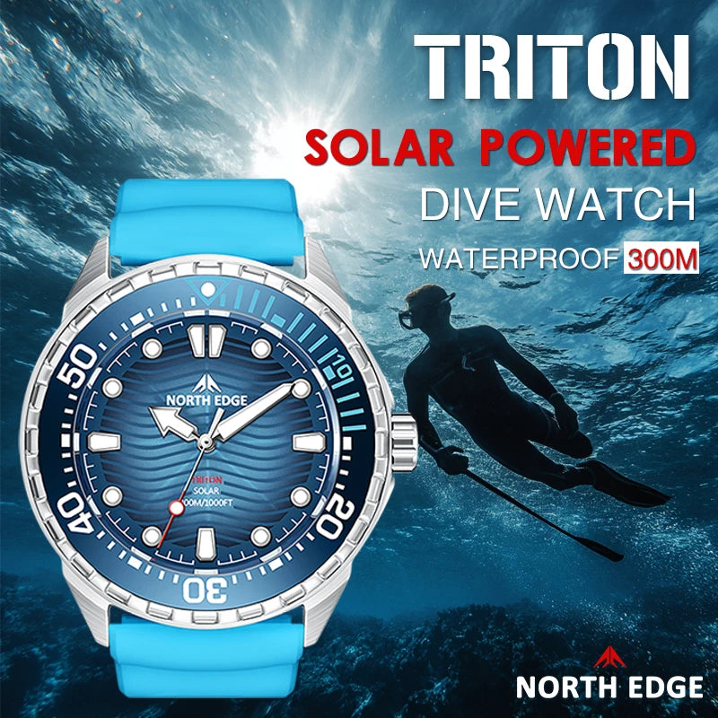 2025 New  NORTH EDGE TRITON Solar Powered Dive Watch Men Luxury Quartz Watches For Men 316L Stainless Steel Case Waterproof 300M