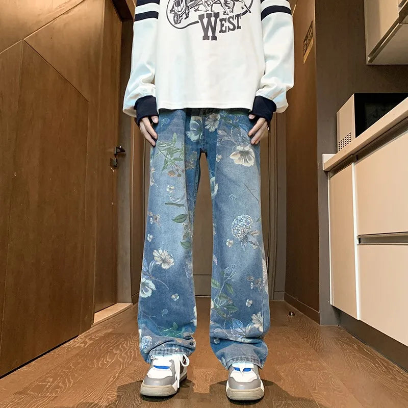 2024 baggy jeans men Floral Printed Jeans Korean Style Autumn Denim Pants High Street Loose Trousers Hip Hop Wide-leg Jean Pants