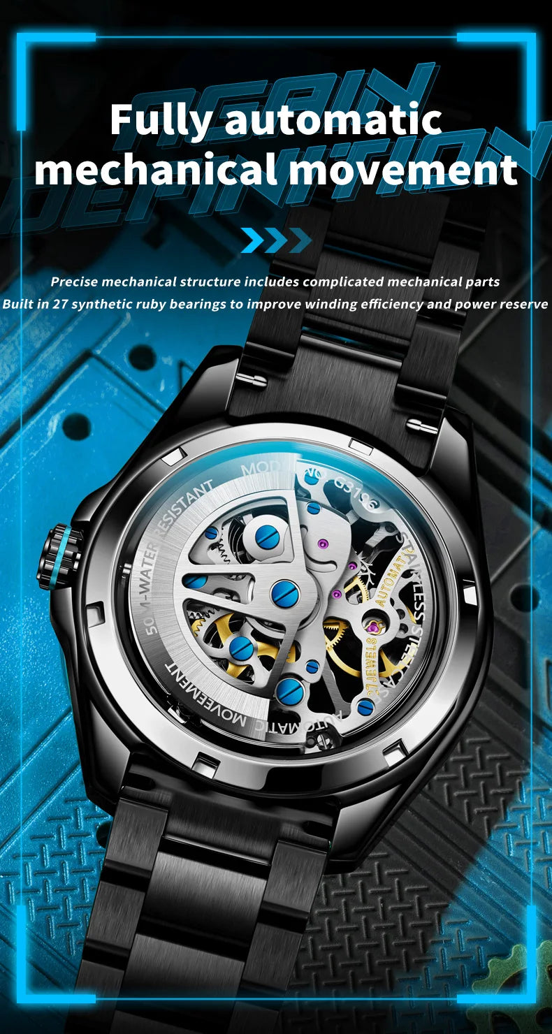 OUPINKE 3196 Blue Watch for Men Original Automatic Movement Deep Waterproof Hollow Out Mechanical Wristwatch Men