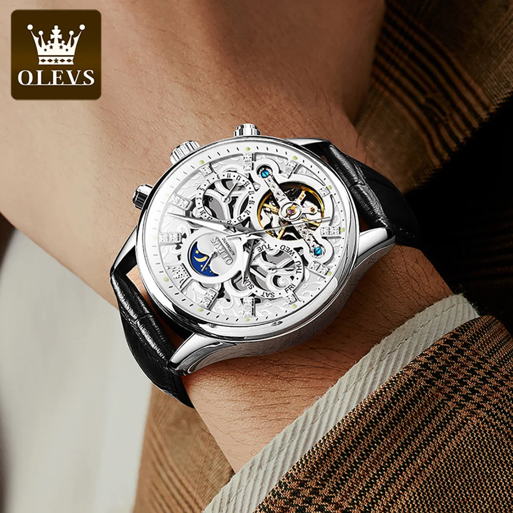 OLEVS 6658 Automatic Watches for Men Leather Strap Moon Phase Men's Hollow Mechanical Wristwatch Waterproof Calendar Hand Clock