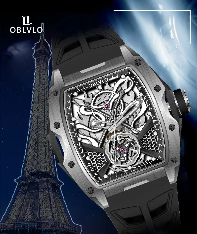 OBLVLO Top Luxury Men's Designer Skeleton Watc Fashion Tonneau Super Luminous Rubber Band Automatic Watches Relojes ZM
