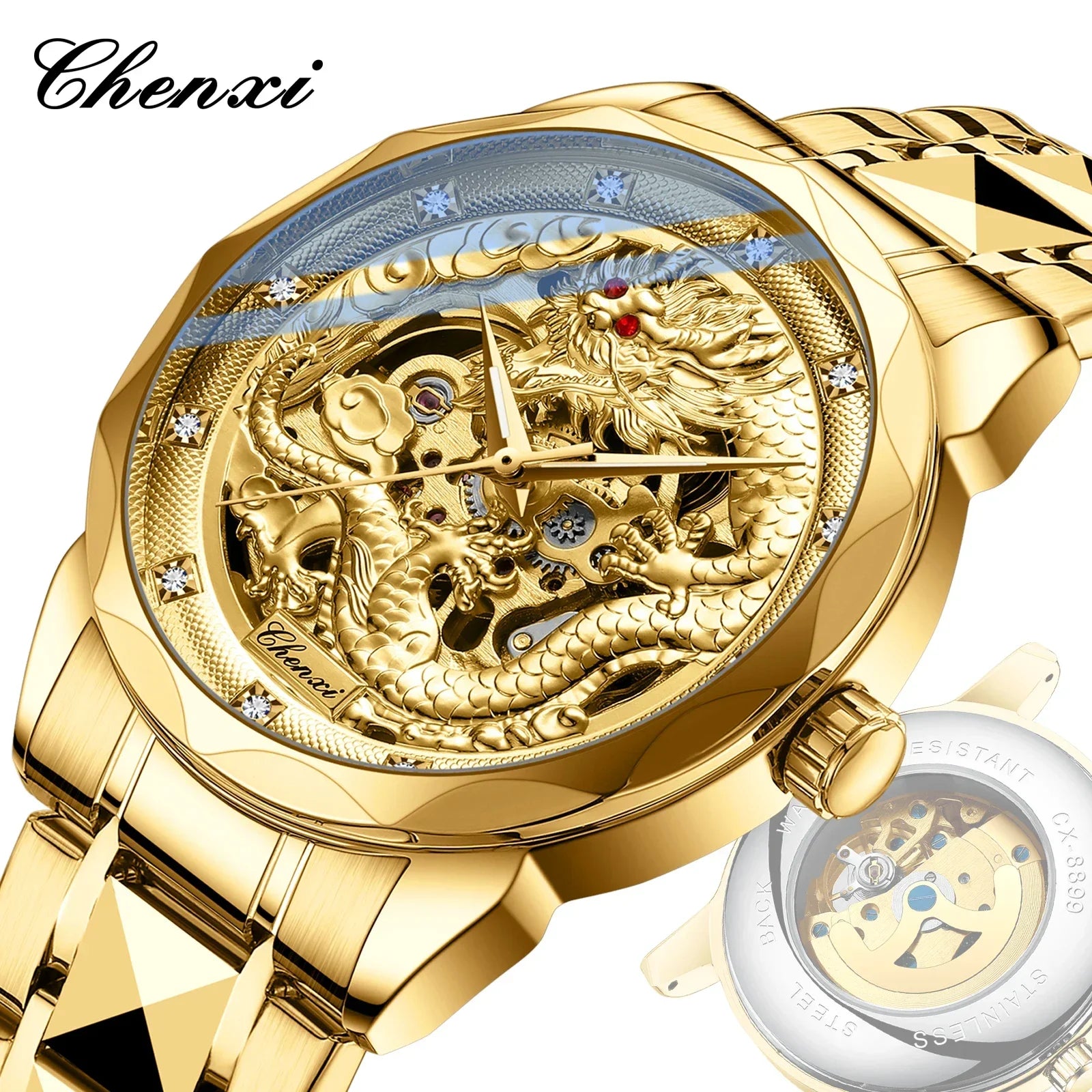 Chenxi 8899 Chinese Nation Culture And Art 3d Embossed Dragon Pattern Gold Automatic Mechanical Stainless Steel Watches For Men