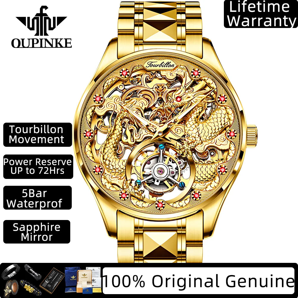 OUPINKE Real Tourbillon Watches Man Tungsten Steel Skeleton Flywheel Automatic Mechanical Men's Watches Luxury Dragon Watch 3176