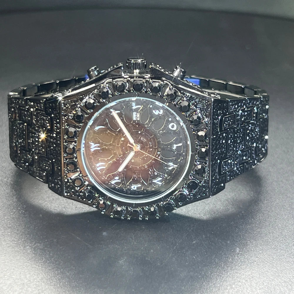 2024 Hip Hop Green Diamond Watche For Men Fashion Automatic Date Quartz Clock Dress Square Iced Jewelry WristWatch Man For Gift