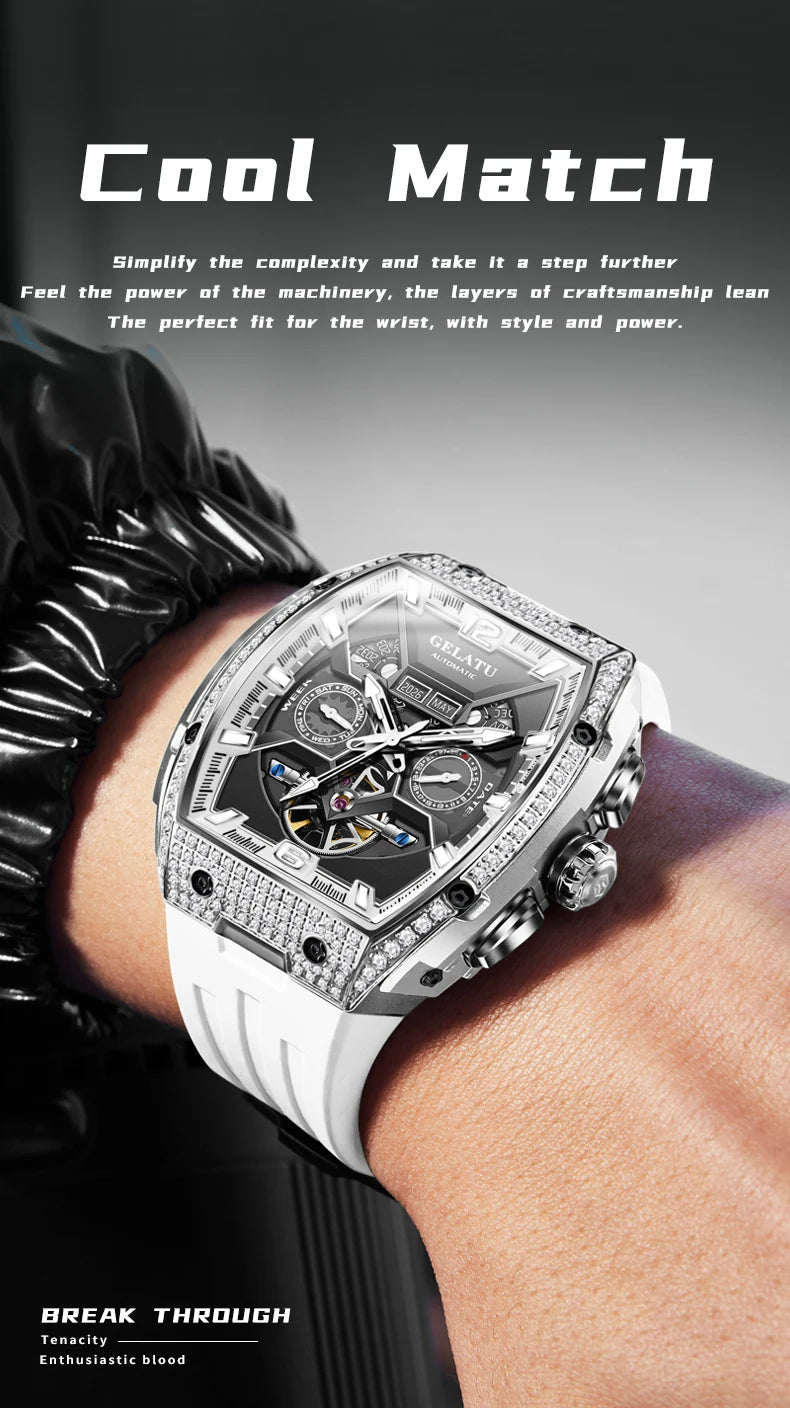 GELATU Top Brand Men's Watches Full Automatic Wristwatch for Man Hollow Mechanical Flywheel Date Week Waterproof Luminous