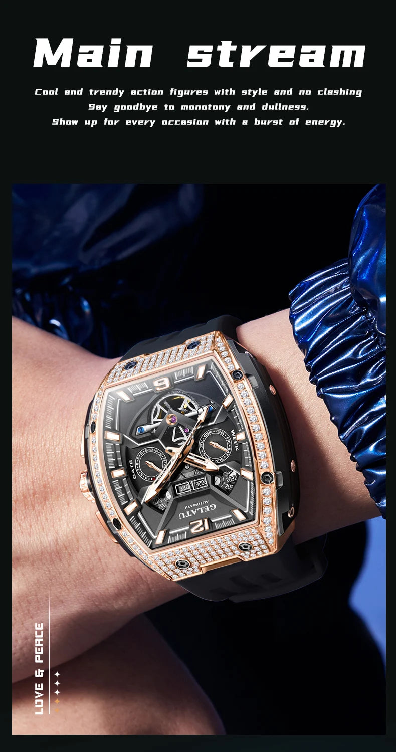 GELATU Top Brand Men's Watches Full Automatic Wristwatch for Man Hollow Mechanical Flywheel Date Week Waterproof Luminous