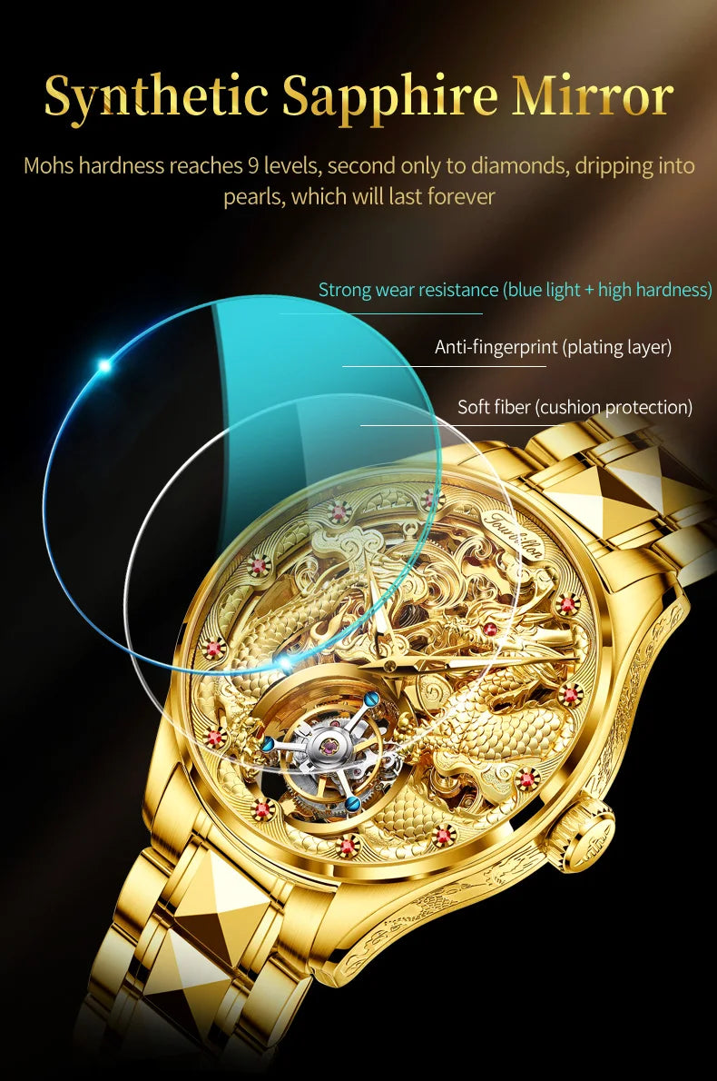 OUPINKE 3176 Top Luxury Mens Watches Tourbillon Movement Golden Tungsten Steel Dragon Watch Luminous Double Needle Design Watch