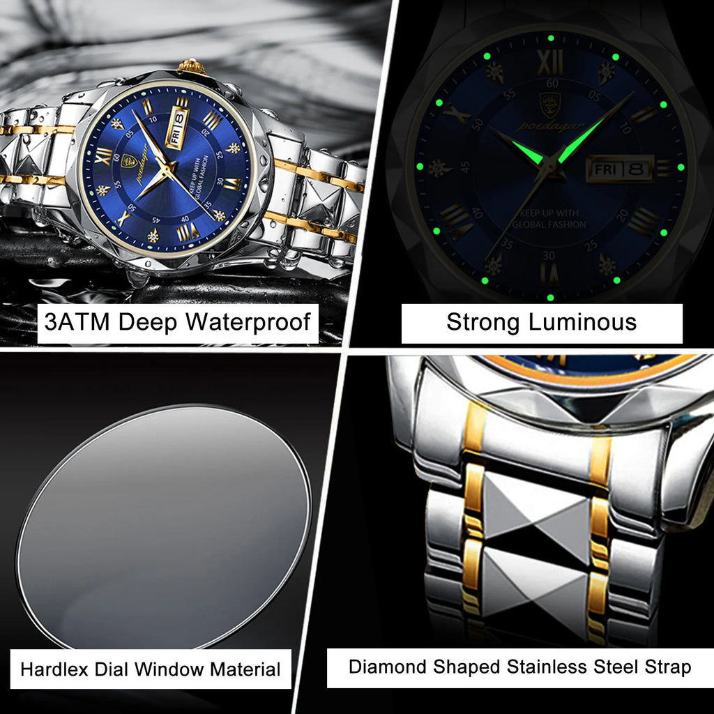 POEDAGAR Luxury Business Men's Watches Waterproof Stainless Steel Luminous Man Wristwatch Date Week Quartz Sport Men Watch Reloj