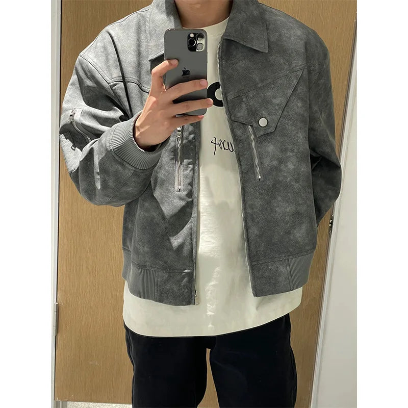 High End Men's Leather Jacket for Autumn and Winter, Stylish Motorcycle Suit, American High Street Short Style PU Jacket
