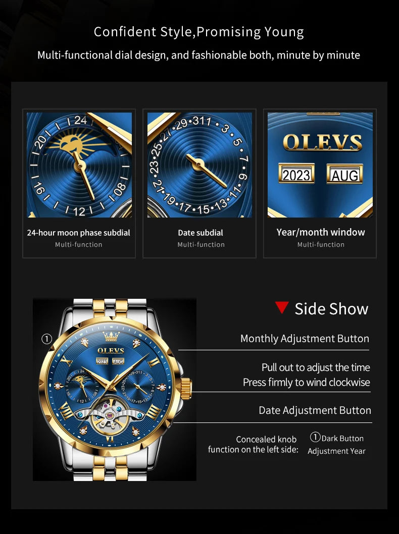 OLEVS Skeleton Multifunctional Men's Watch Automatic Mechanical Luxury Wrist Watch For Men Waterproof Stainless Steel Strap 6691