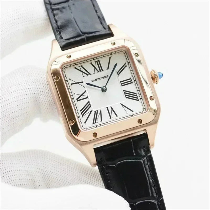 Stainless Steel Mechanical Sports Watch Square Roman Dial Black Leather High Quality Men's Automatic Watch