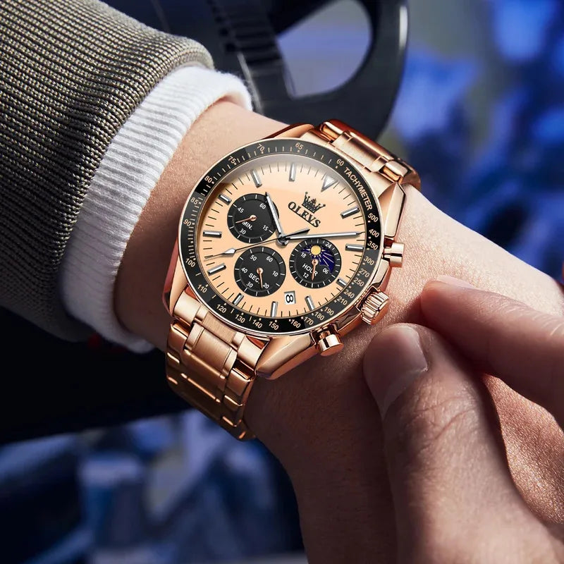 OLEVS Top Fashion All Steel Men Watch Trend Quartz Watch Moon Phase Luminous Steel Strip Waterproof Male Wristwatch