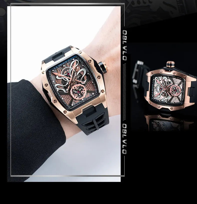 OBLVLO Top Luxury Men's Designer Skeleton Watc Fashion Tonneau Super Luminous Rubber Band Automatic Watches Relojes ZM