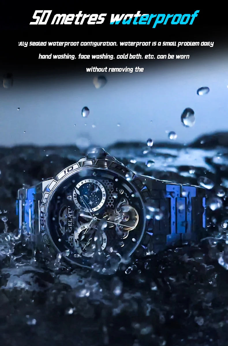 GELATU 6020 Trend Men's Watches Multifunctional Automatic Mechanical Watch for Men Flywheel Hollow out Moon Phase Wristwatch Man
