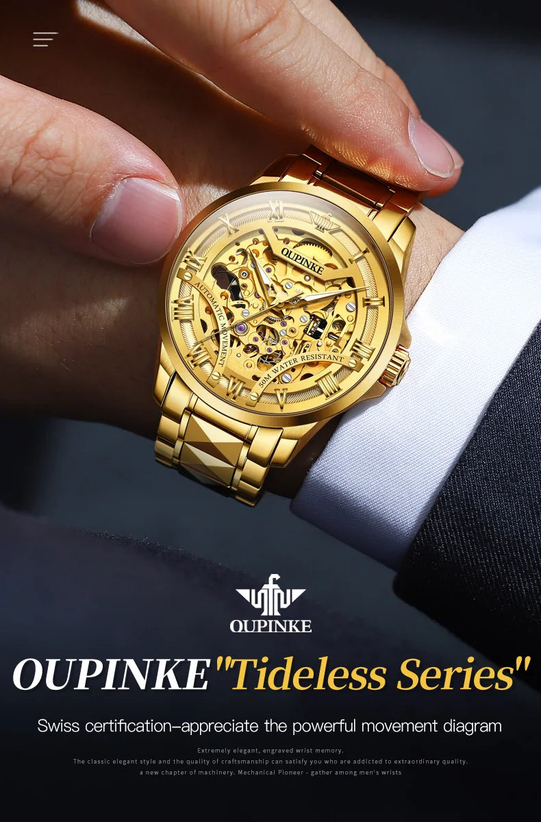 OUPINKE 3210 Gold Men Fully Automatic Mechanical Watch High end Original 3D Hollow Design Waterproof Luminous Men Watch Luxury