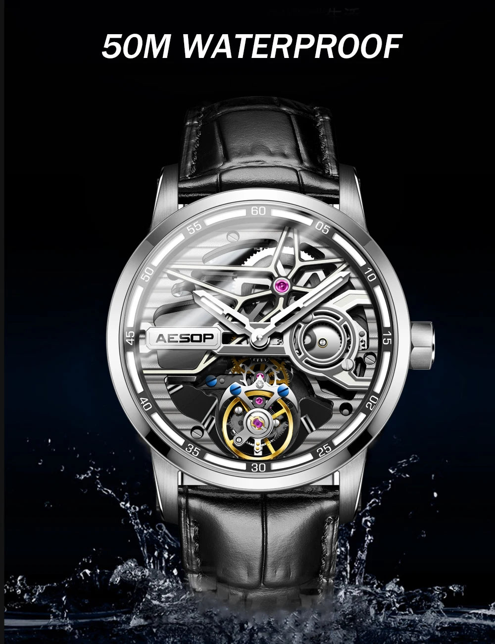 AESOP Flying Tourbillon Watch for Men Skeleton Automatic Tourbillon Movement Mechanical Wrist Watches Mens Fashion Sapphire New