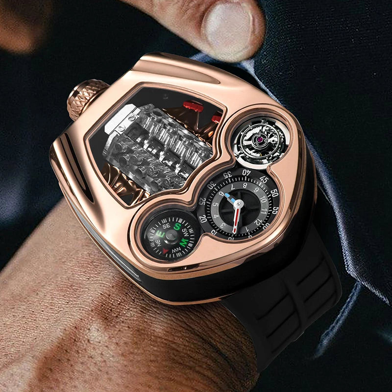 PINDU Fashion Men Quartz Watch 5ATM Silicone Men Watch Multifunctional Stainless steel Compass Casual Wristwatch Swiss Movement
