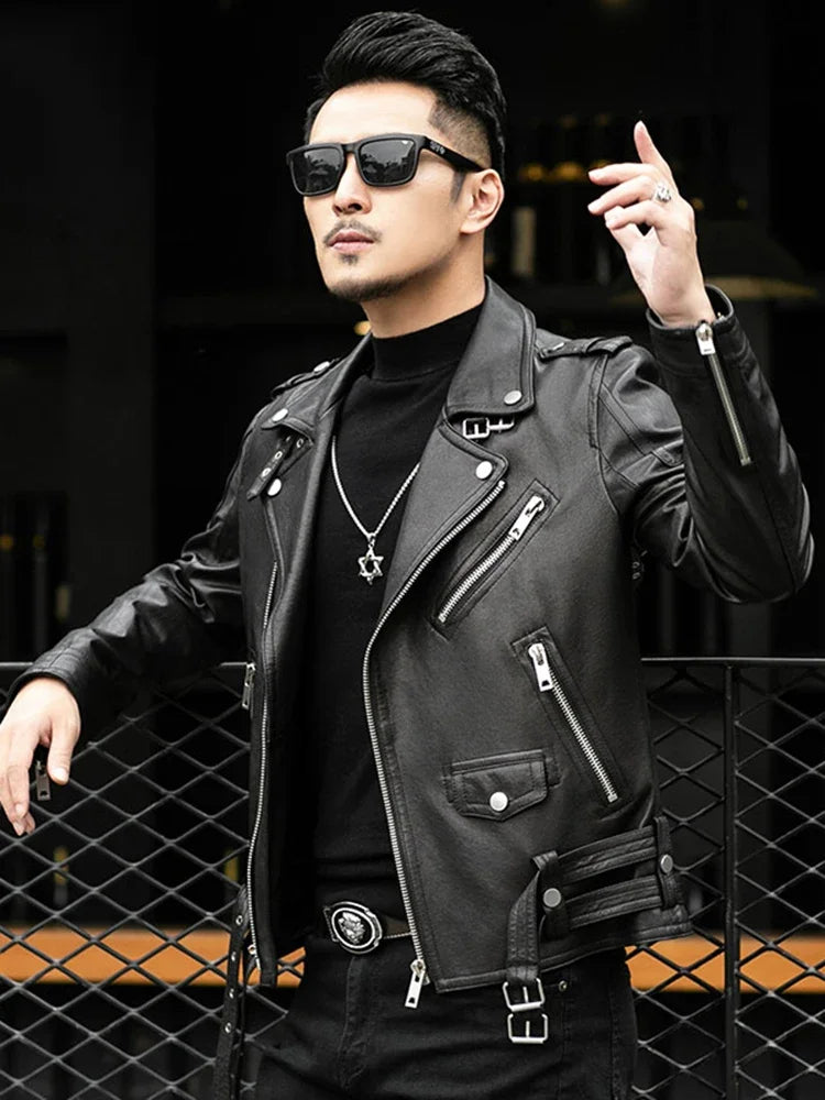 Brand Leather Jackets European Fashion Spring Autumn Short Cool Black Leather Biker Jacket Men Zipper Long Sleeve Belt Plus Size