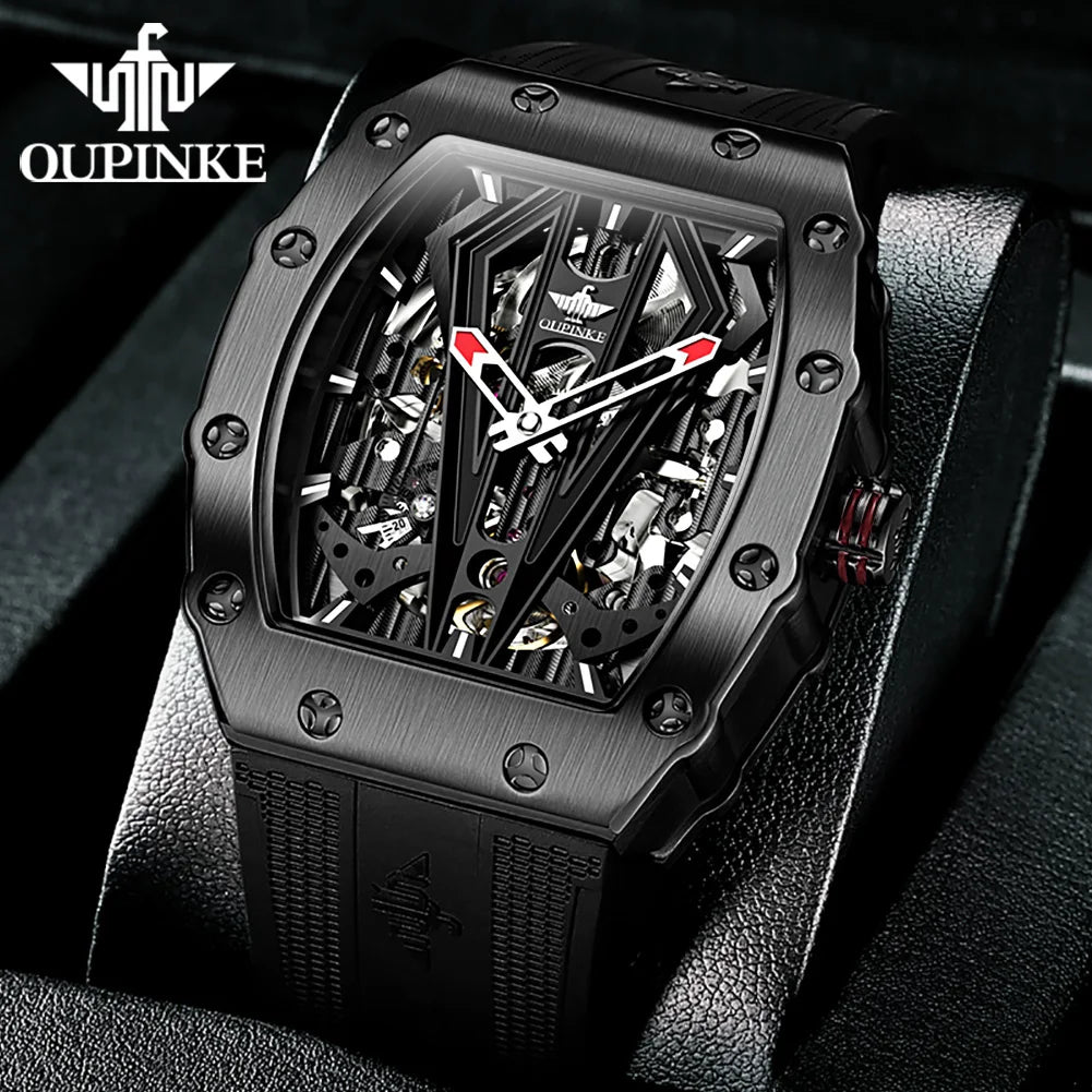 OUPINKE A3179 Mens Watch Luxury Original Brand Skeleton Automatic Mechanical Watch 50M Waterproof Luminous Silicone Strap Watch