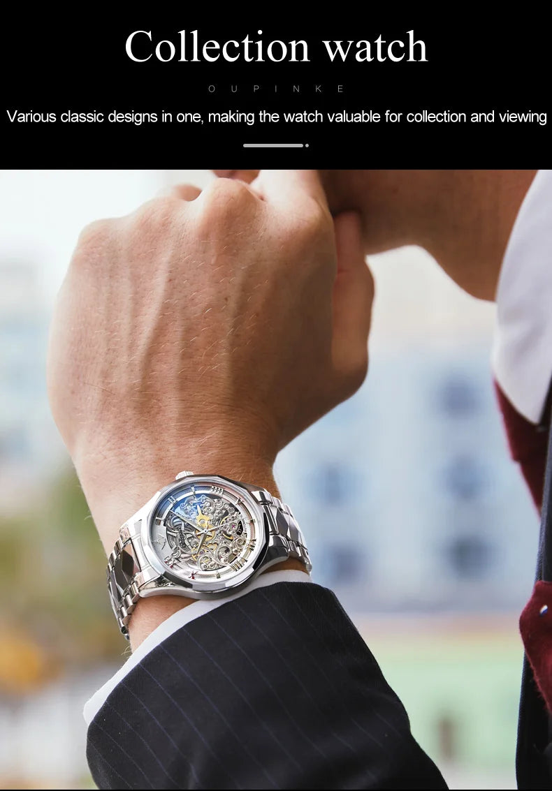 OUPINKE Tungsten Steel Strip Men's Watches Fully Transparent Dial Automatic Mechanical Watch Waterproof Sapphire Mirror Surface