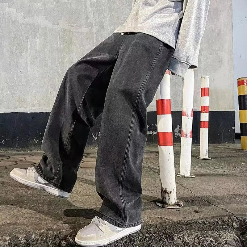2025 Men's Jeans Korean Version Student Casual Pants High Street Straight Loose Wide Leg Jeans Black Grey Blue Baggy Jeans
