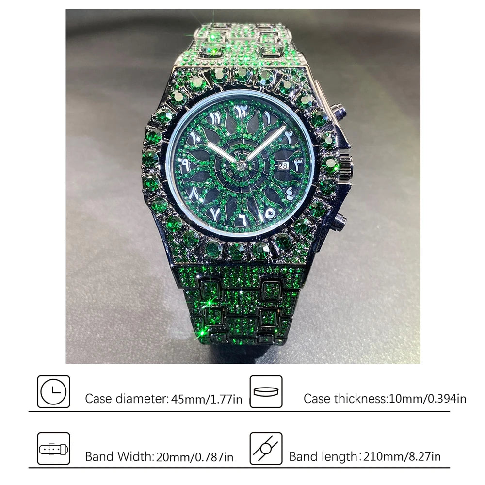 2024 Hip Hop Green Diamond Watche For Men Fashion Automatic Date Quartz Clock Dress Square Iced Jewelry WristWatch Man For Gift