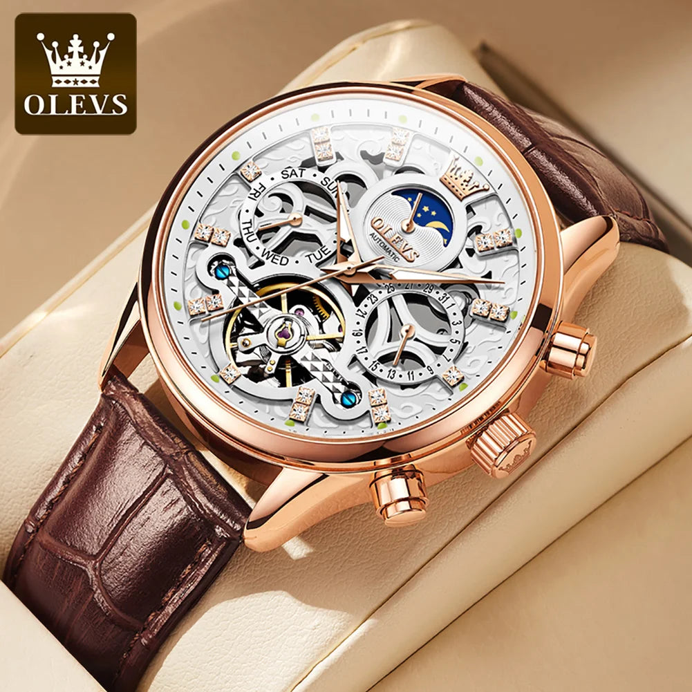 OLEVS 6658 Mens Watch Business Leather Strap Reloj  Hollow out Mechanical Automatic Wristwatch Waterproof Luminous Watch For Man
