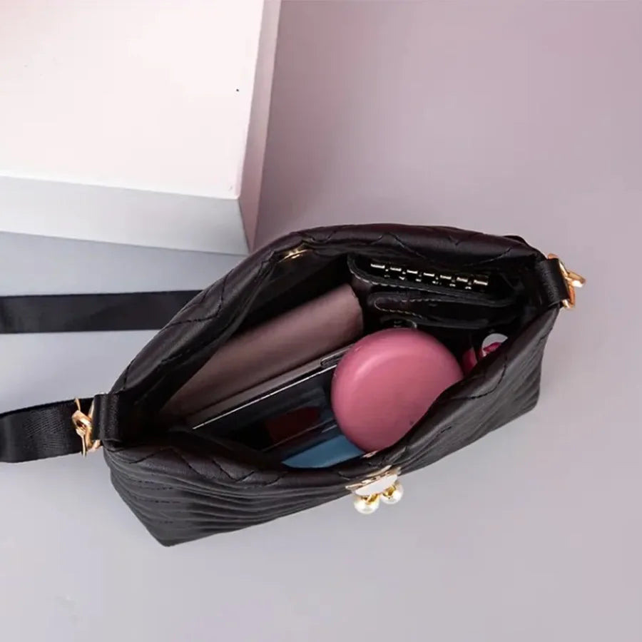 Women's Quilted Crossbody Bag with Cat Pearl Pendant