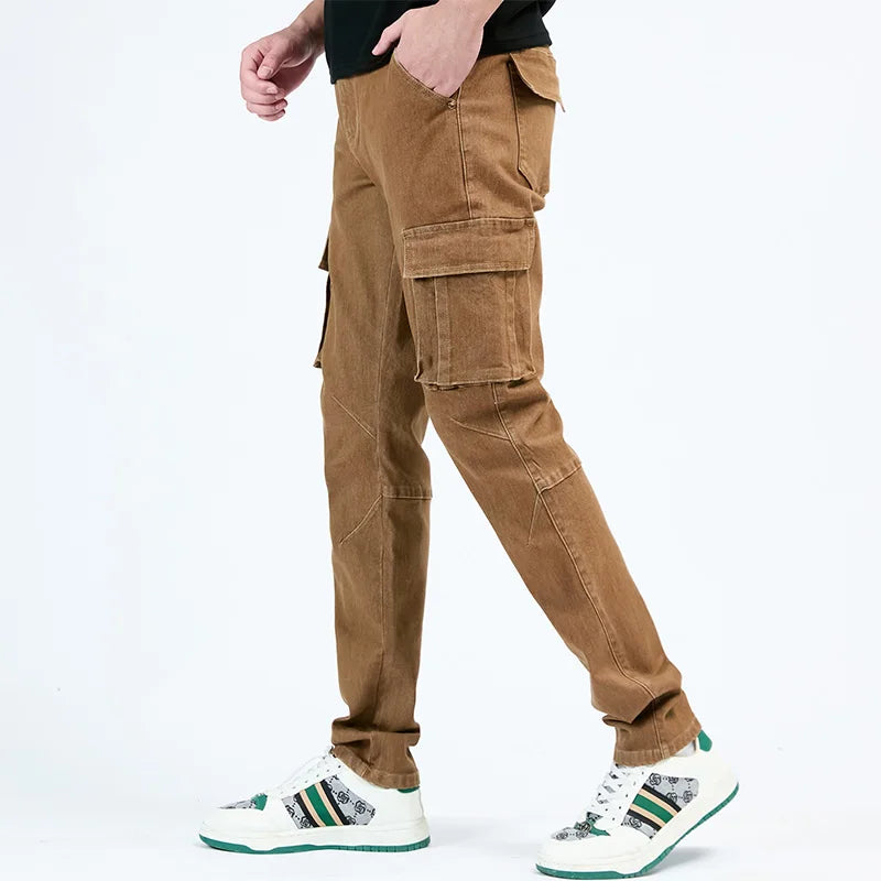 Men's Street Style Elastic Waist Denim Cargo Pants Solid Color Washed Slim Fit Casual Jeans with Multiple Pockets for Daily Wear