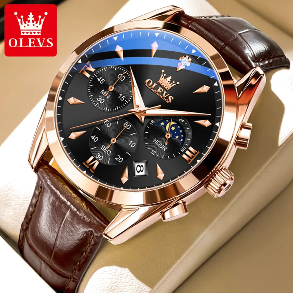 OLEVS 3609 Original Moon Phase Chronograph Man Watch Leather Strap Waterproof Luminous Luxury Brand Quartz Wrist Watches for Men