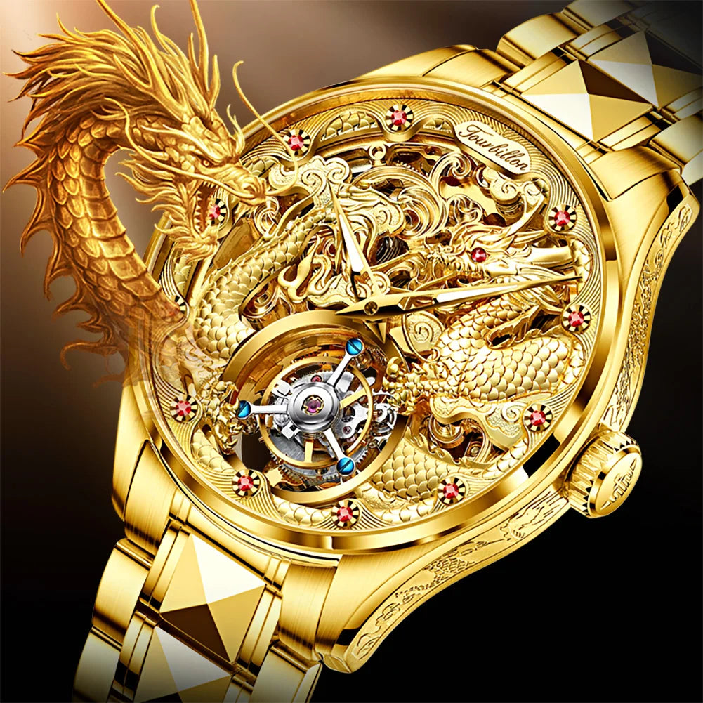 OUPINKE 3176 Top Luxury Mens Watches Tourbillon Movement Golden Tungsten Steel Dragon Watch Luminous Double Needle Design Watch
