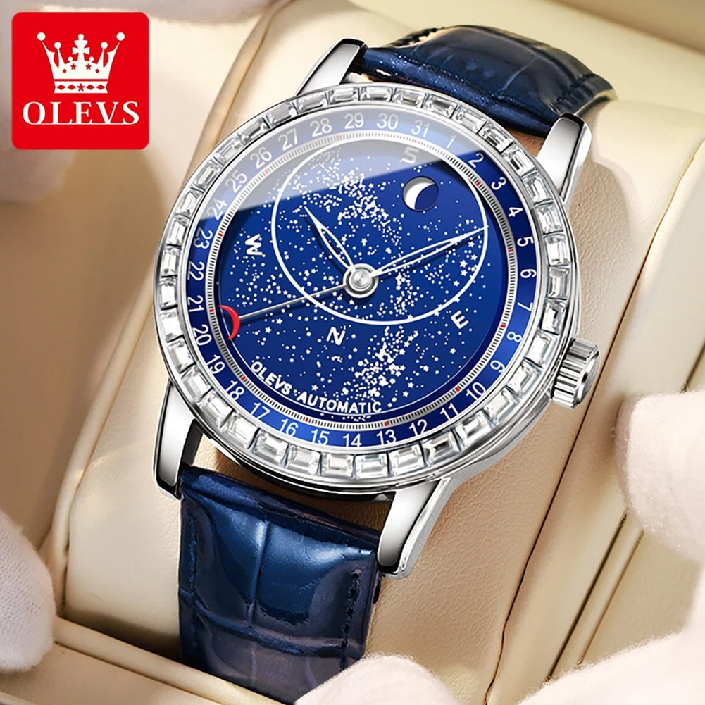 OLEVS 9923 Men's Watches Moon Phase Automatic Mechanical Watch for Man Blue Leather Luxury Dress Waterproof Luminous Wristwatch
