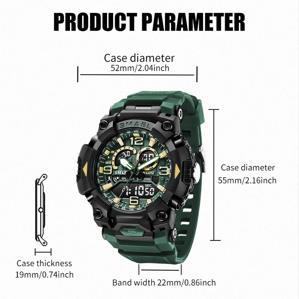 SMAEL Fashion Sports Casual Electronic Man Watch Dual Digital Display Silicone Strap Luminous Waterproof Alarm Watches for Men
