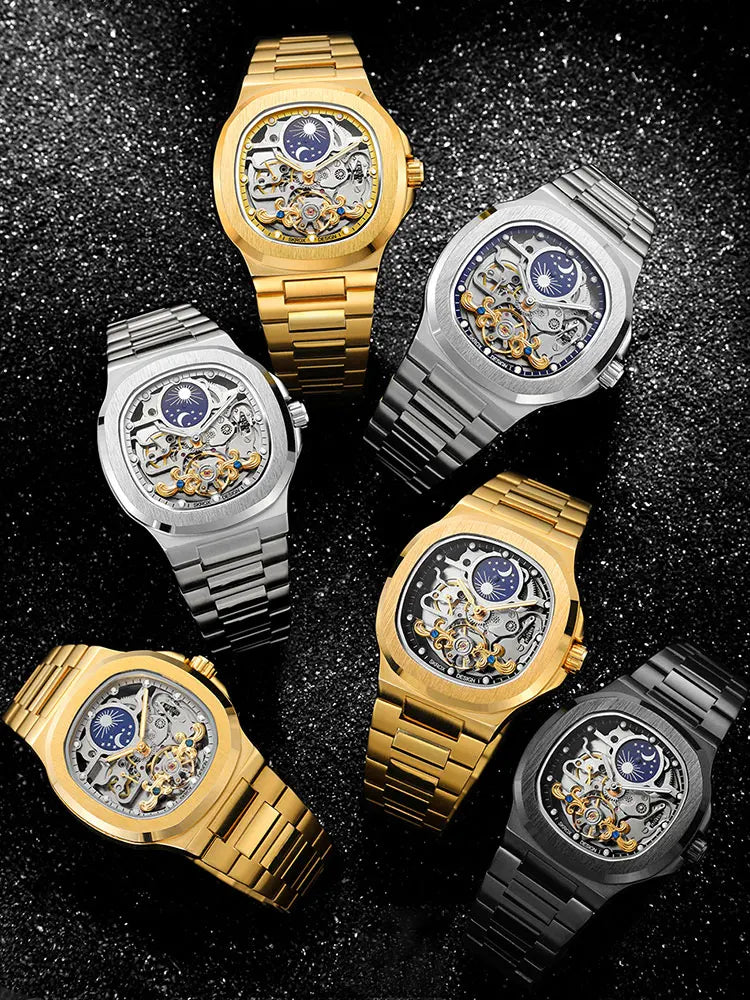 2025 High-end Luxury SKROX Square Man Watch Sapphire Stainless Steel Skeleton Moon Phase Classic Automatic Movement Male Watches