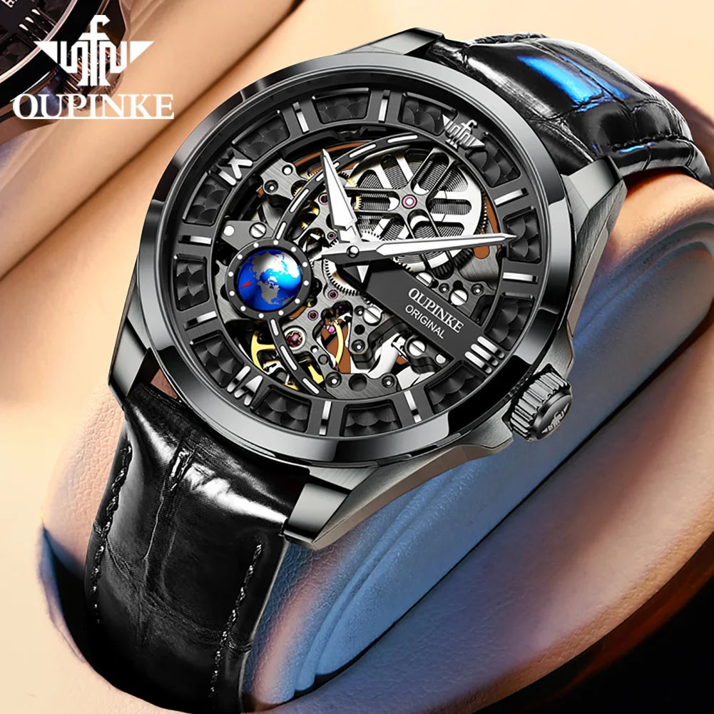 OUPINKE 3268 Man Automatic Watch Top Brand Hollow Deep Waterproof Mechanical Watch For Men Luxury Original Leather Wristwatch