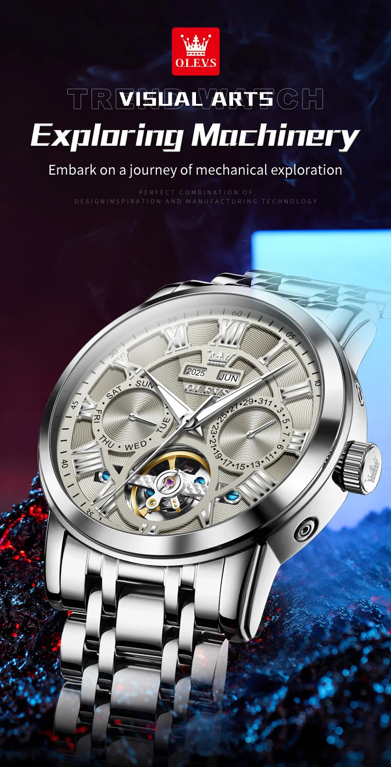 OLEVS 6668 Luxury Skeleton Automatic Mechanical Men Watch Top Brand Movement Roman Scale Calendar Waterproof Business Men Watch