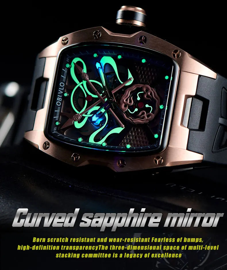 OBLVLO Top Luxury Men's Designer Skeleton Watc Fashion Tonneau Super Luminous Rubber Band Automatic Watches Relojes ZM