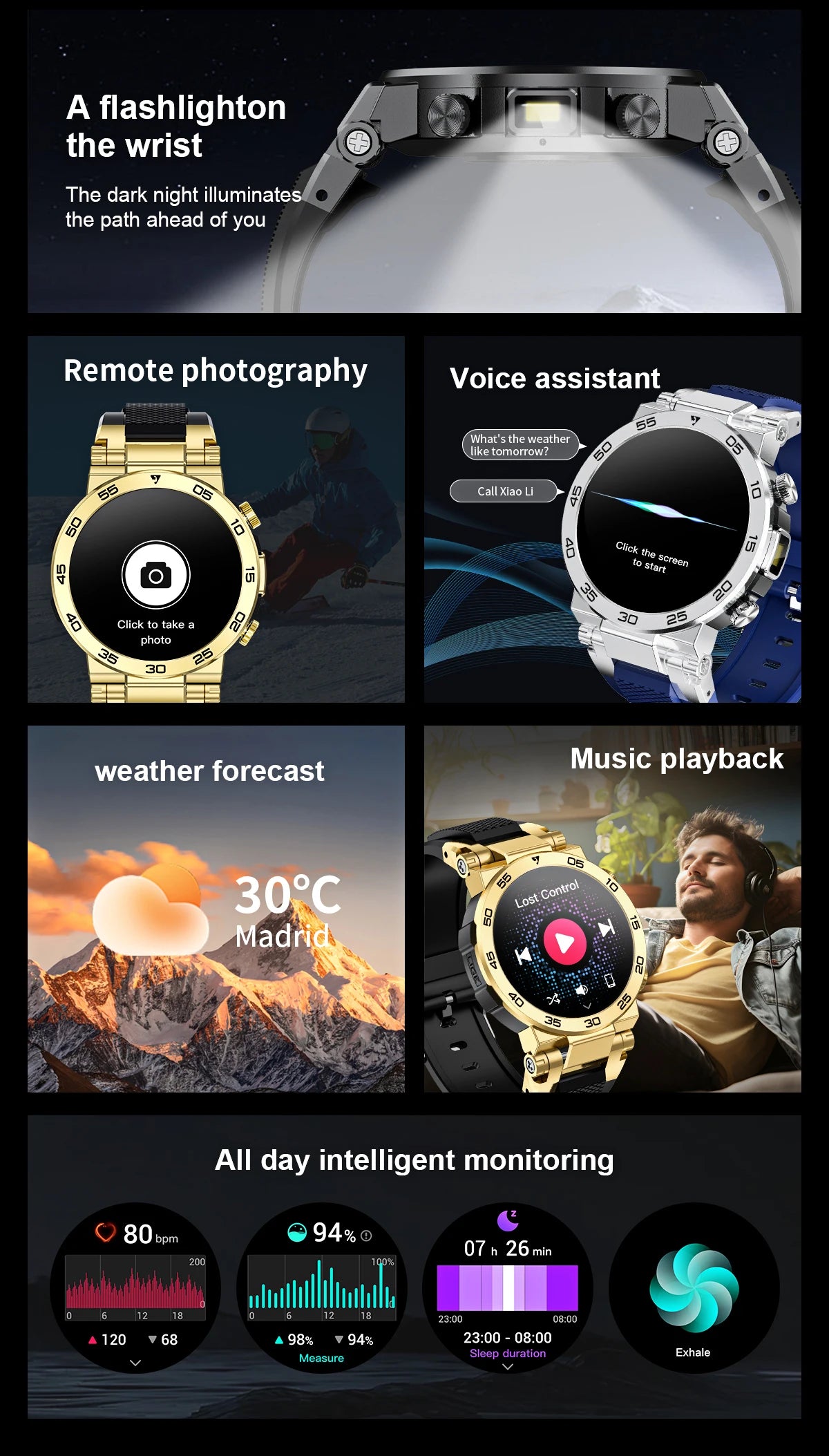 LIGE Fashion LED Flashlight Smart Watch For Men Custom Watch Face Bluetooth Call  Bracelet Sport Blood Oxygen Monitor Smartwatch