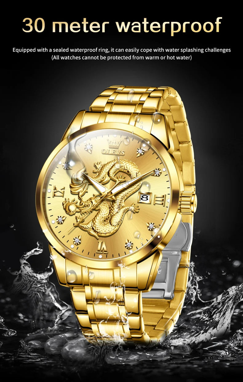 OLEVS 3619 Mens Watch Top Brand Fashion Original Quartz Watch for Man China Loong Dragon Dial Waterproof Luminous Date Reloj