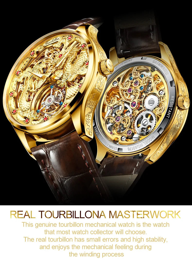 OUPINKE 3176 Top Brand Tourbillon Watch for Men Original Leather Strap Golden Dragon Design Automatic Mechanical Movement Watch