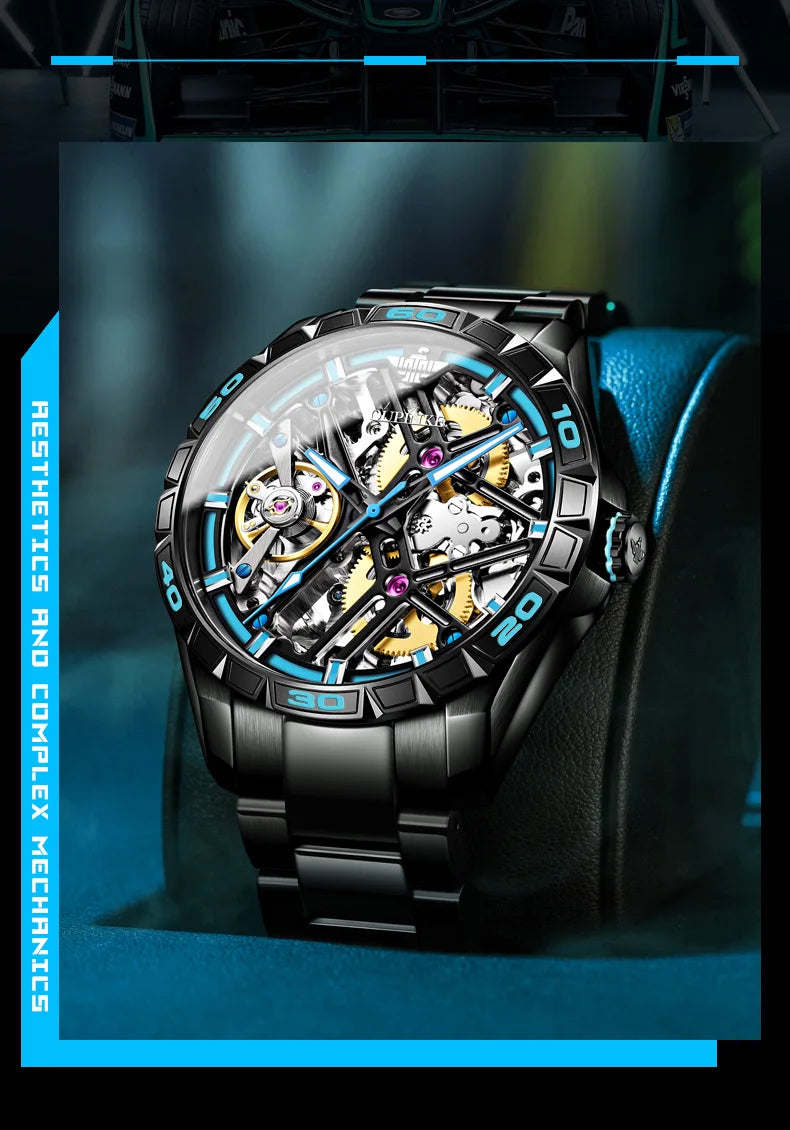 OUPINKE 3196 Blue Watch for Men Original Automatic Movement Deep Waterproof Hollow Out Mechanical Wristwatch Men