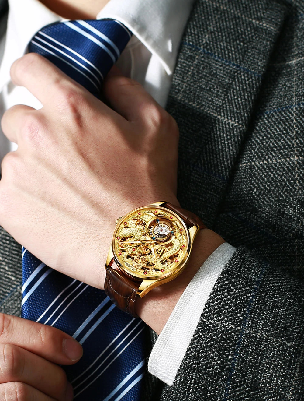 OUPINKE 3176 Top Brand Tourbillon Watch for Men Original Leather Strap Golden Dragon Design Automatic Mechanical Movement Watch