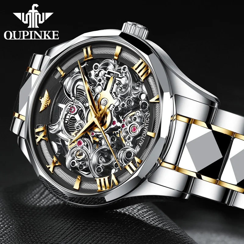 OUPINKE Tungsten Steel Strip Men's Watches Fully Transparent Dial Automatic Mechanical Watch Waterproof Sapphire Mirror Surface
