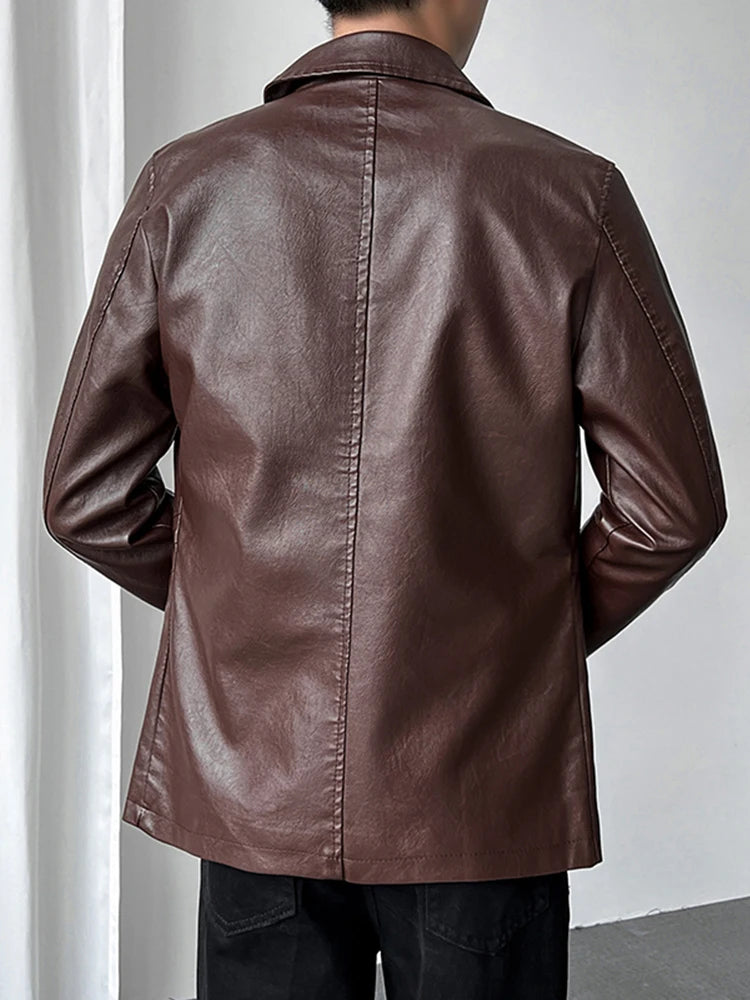 Mens Motorcycle Jacket PU Leather Coat Mid-Long Length with Notched Lapel Collar for Spring Autumn Casual Wear Windbreaker