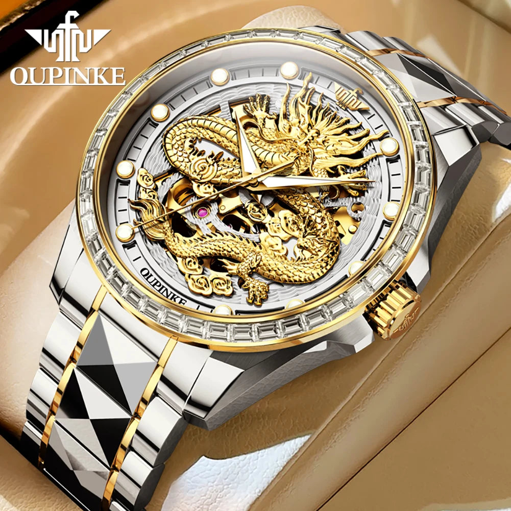 ﻿ OUPINKE 3276 Mens Watch Original luxury Brand Automatic Mechanical Watch﻿ Dragon Dial Watch For Men Moon Phase Watch Mens Gift