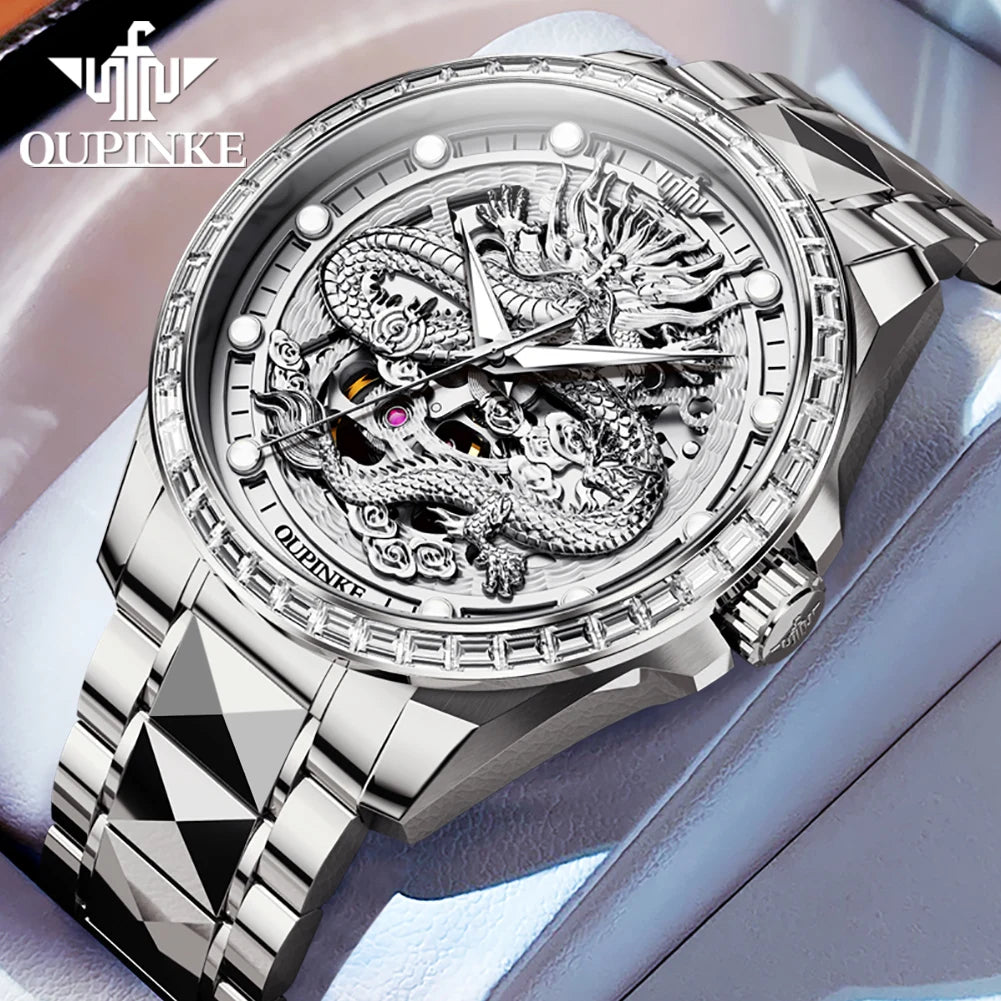 ﻿ OUPINKE 3276 Mens Watch Original luxury Brand Automatic Mechanical Watch﻿ Dragon Dial Watch For Men Moon Phase Watch Mens Gift