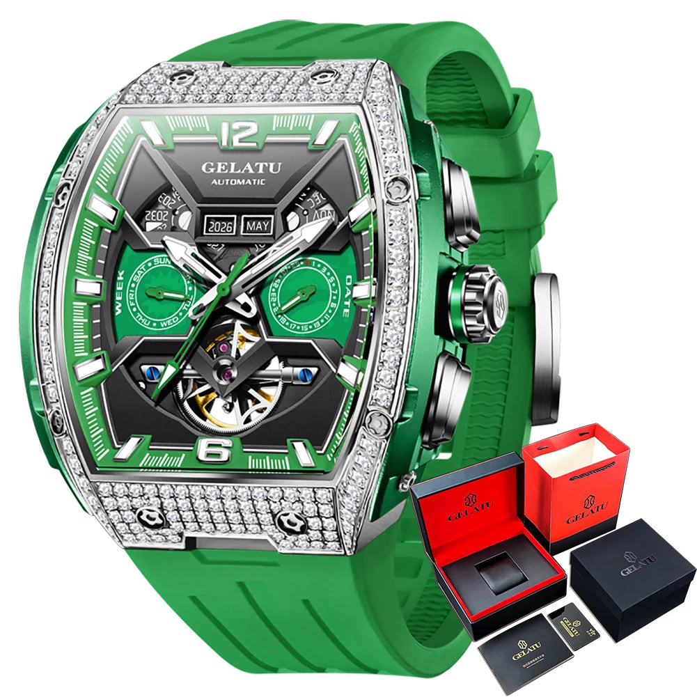 GELATU Top Brand Men's Watches Full Automatic Wristwatch for Man Hollow Mechanical Flywheel Date Week Waterproof Luminous