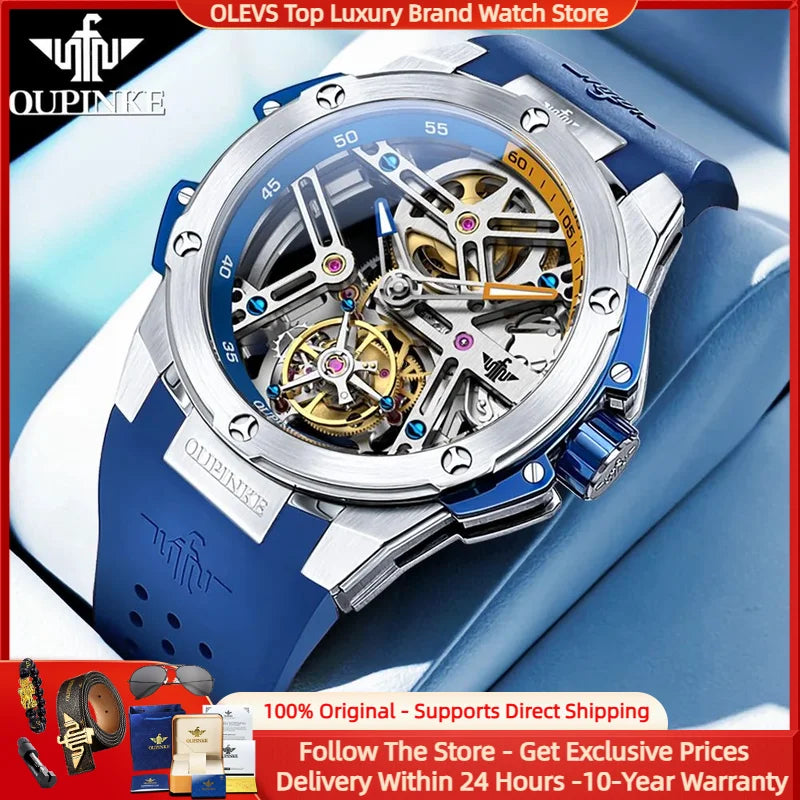 OUPINKE 8003 Tourbillon Men Watch Luxury Brand Hollow out Automatic Mechanical Watch Silicone Waterproof Sapphire Mirror Watch