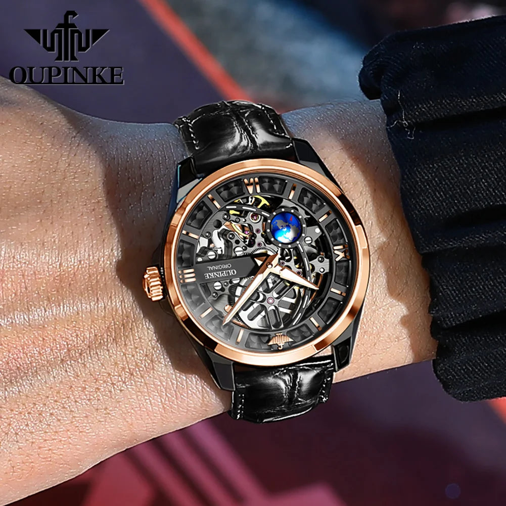 OUPINKE 3268 Man Automatic Watch Top Brand Hollow Deep Waterproof Mechanical Watch For Men Luxury Original Leather Wristwatch